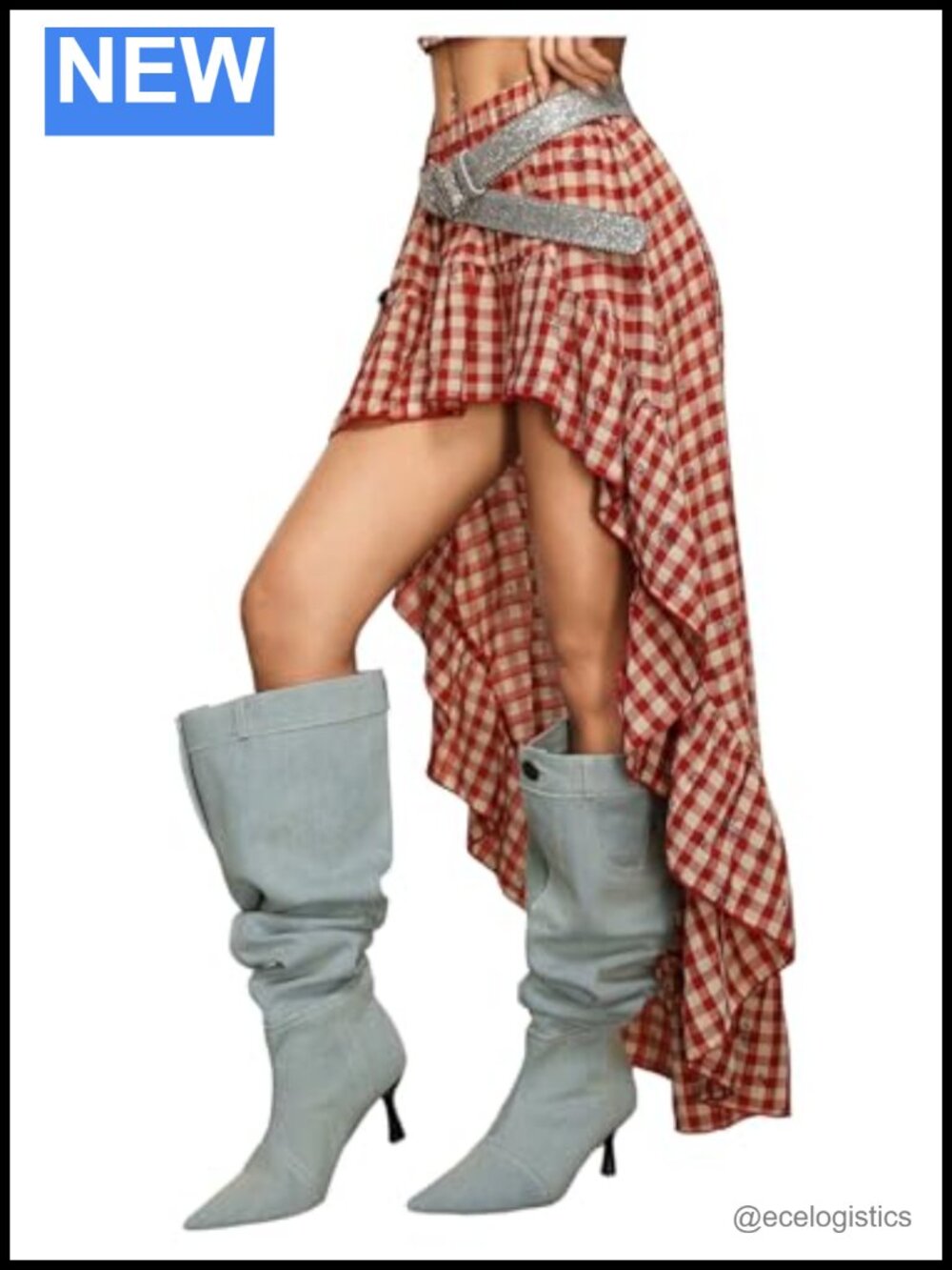 Womens Plaid Gingham High Waisted Asymmetrical Ruffle A Line Flowy Skirt